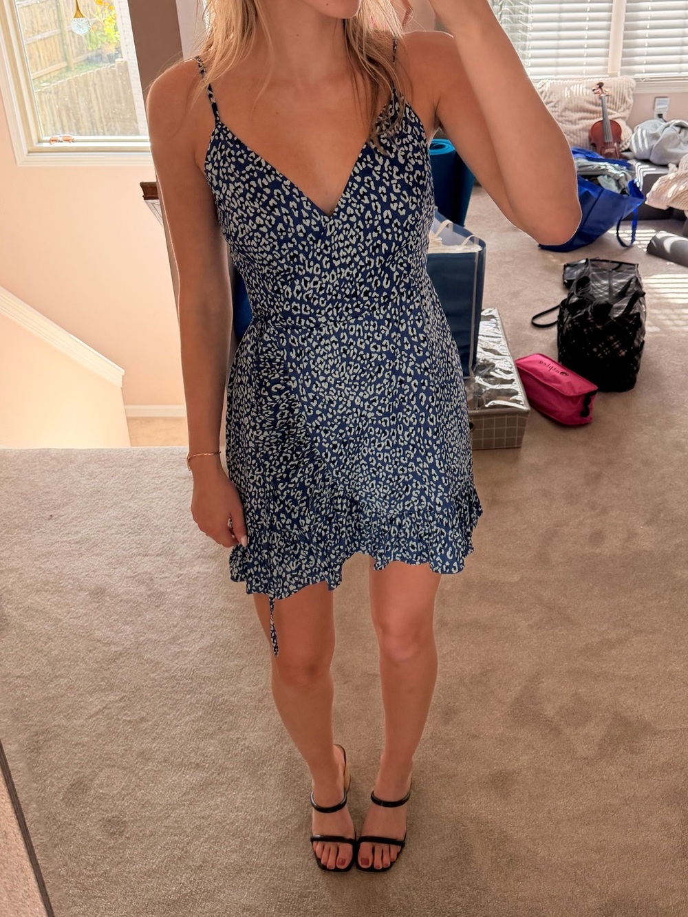 Free People Blue/Purple Leopard Spaghetti-Strap Mini Wrap Dress